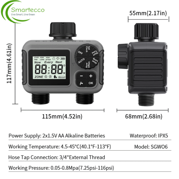 TNCE 1/2-Way Sprinkler Timer - Programmable Garden Watering System with 2 Independent Zones - IPX5 Irrigation Controller for Lawn Drip Systems - Image 5