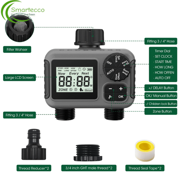 TNCE 1/2-Way Sprinkler Timer - Programmable Garden Watering System with 2 Independent Zones - IPX5 Irrigation Controller for Lawn Drip Systems - Image 3
